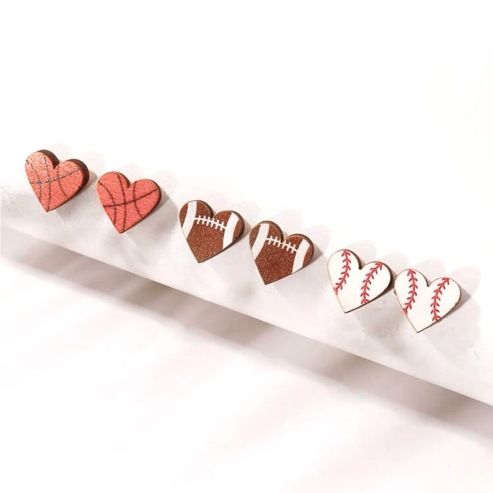 🆕 Wooden Heart Sports Ball Earrings 🏀🏈⚾️